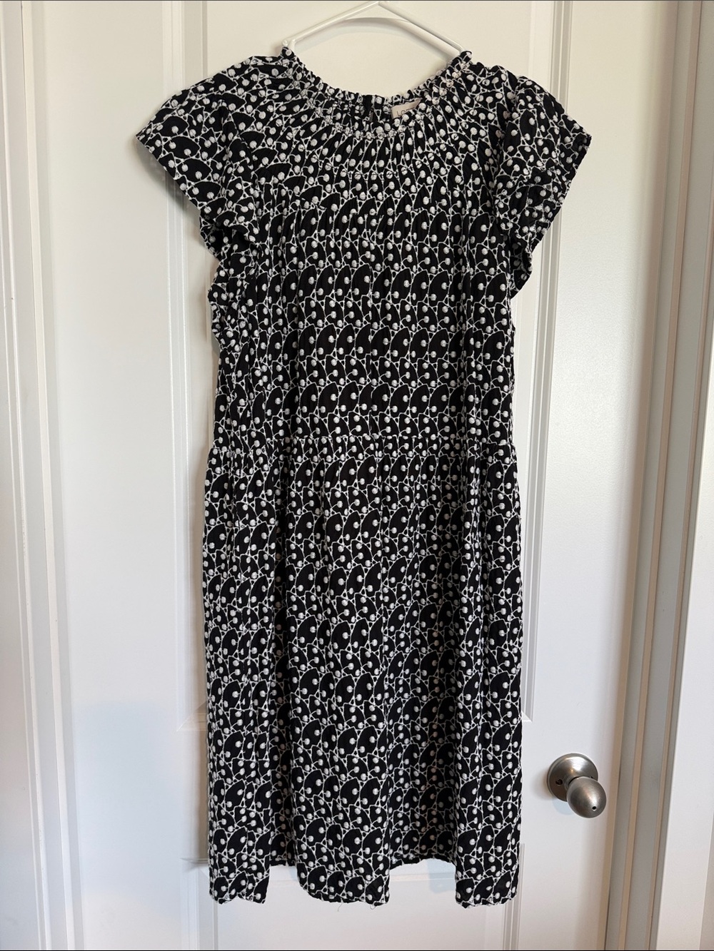 LOFT Black and White Floral Smocked Neck Mini Dress
